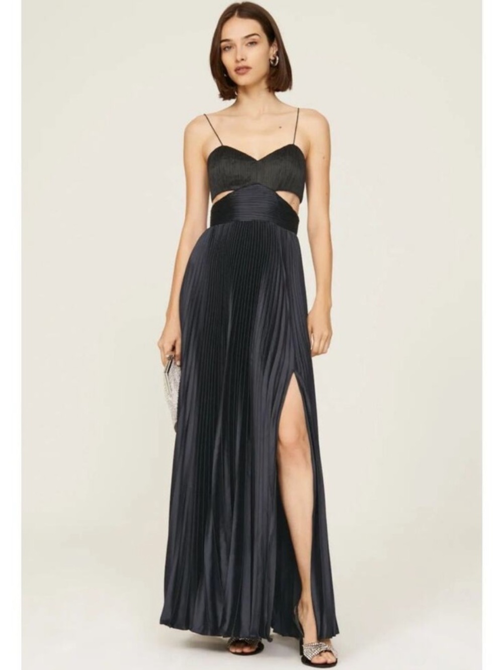 AMUR Black Satin Pleated Bustier Rib Cut-Outs Elodie  A-Line Gown Size 4